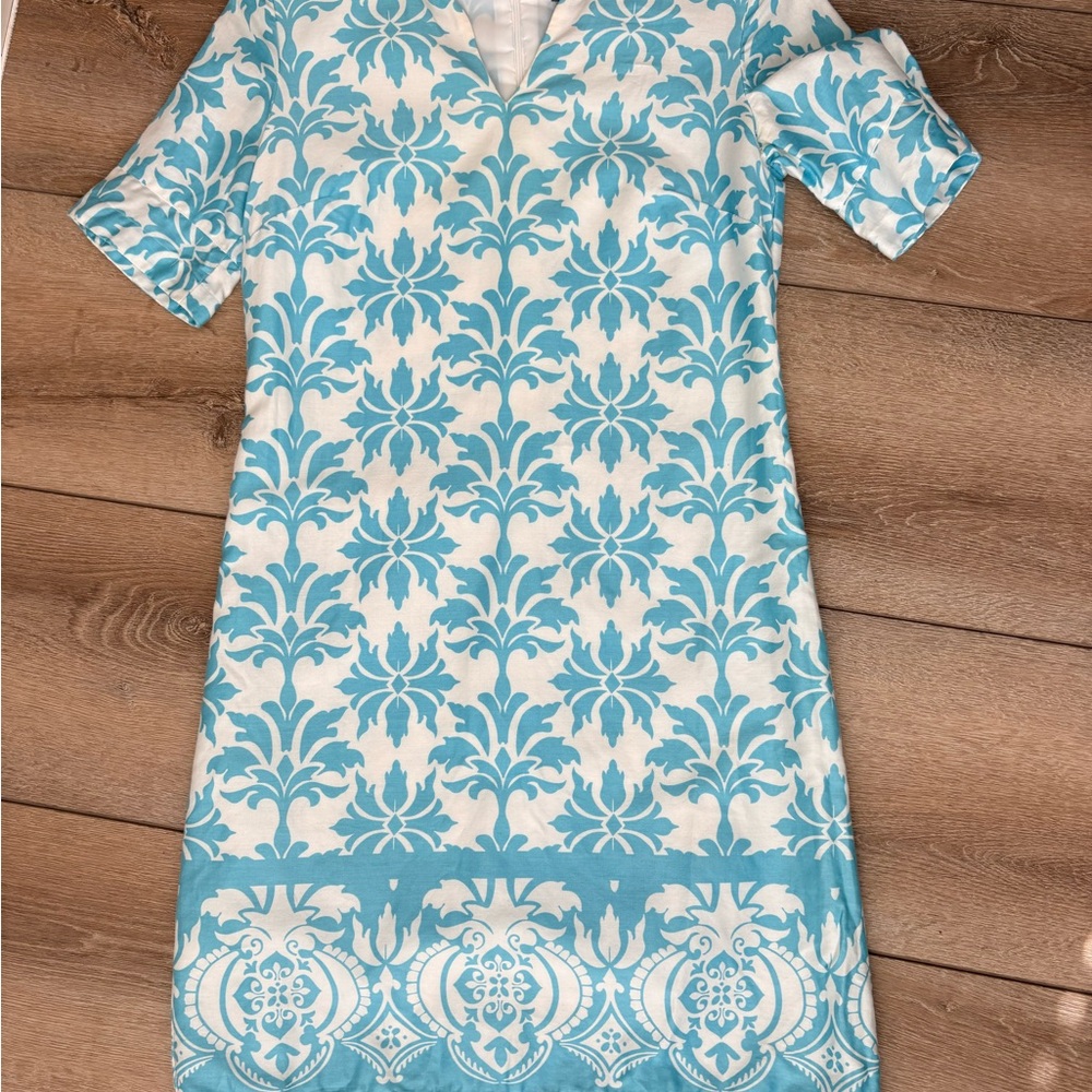 Ann Taylor White and Turquoise Printed Mini Shift Dress